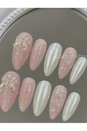 Nail box nơ hồng mix trắng gương